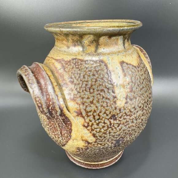 Vintage Hand Made USA Pottery Stoneware Vase Round Bottom Heavy With Handles VTG - Picture 12 of 13